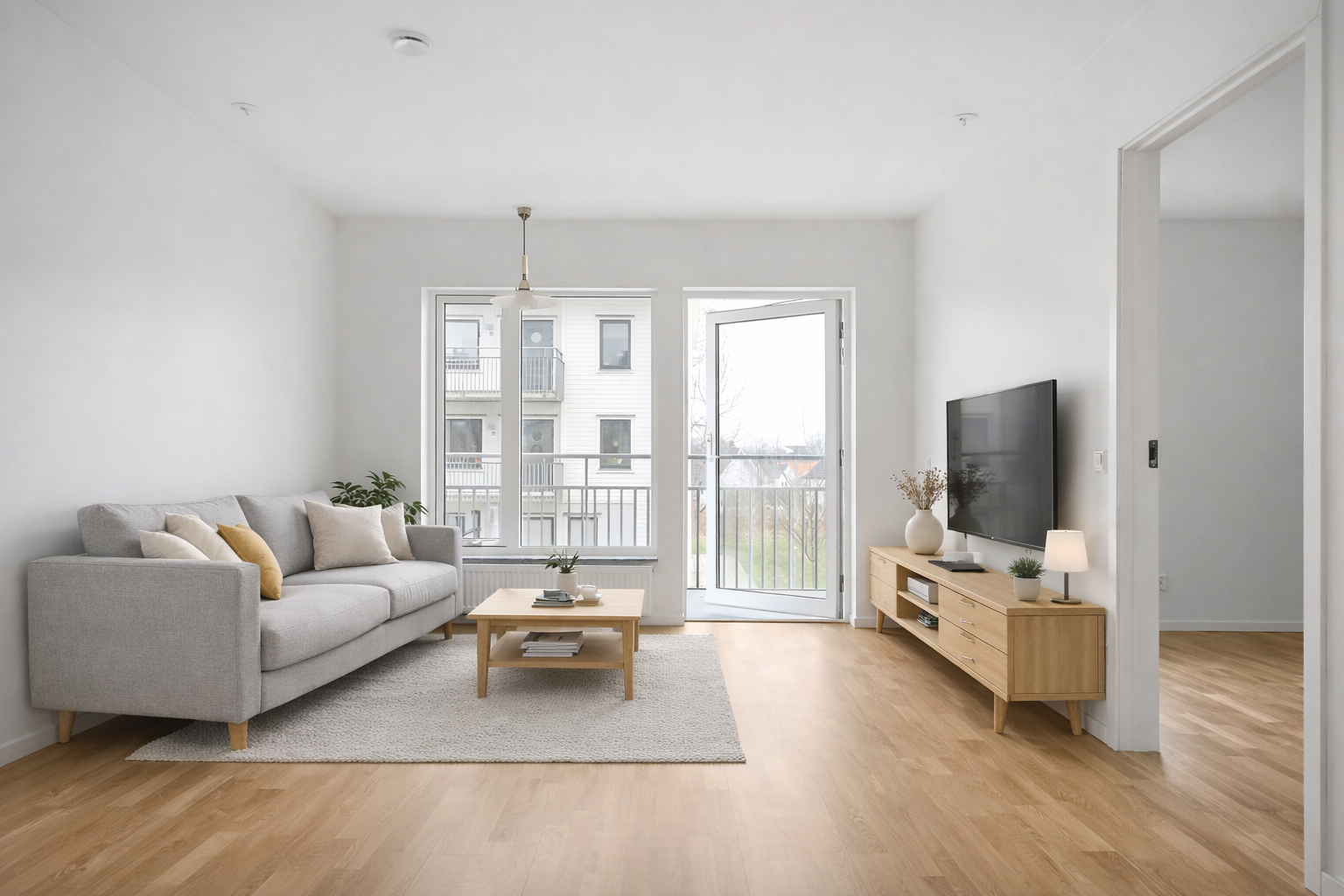 Rymligt vardagsrum med stora fönster