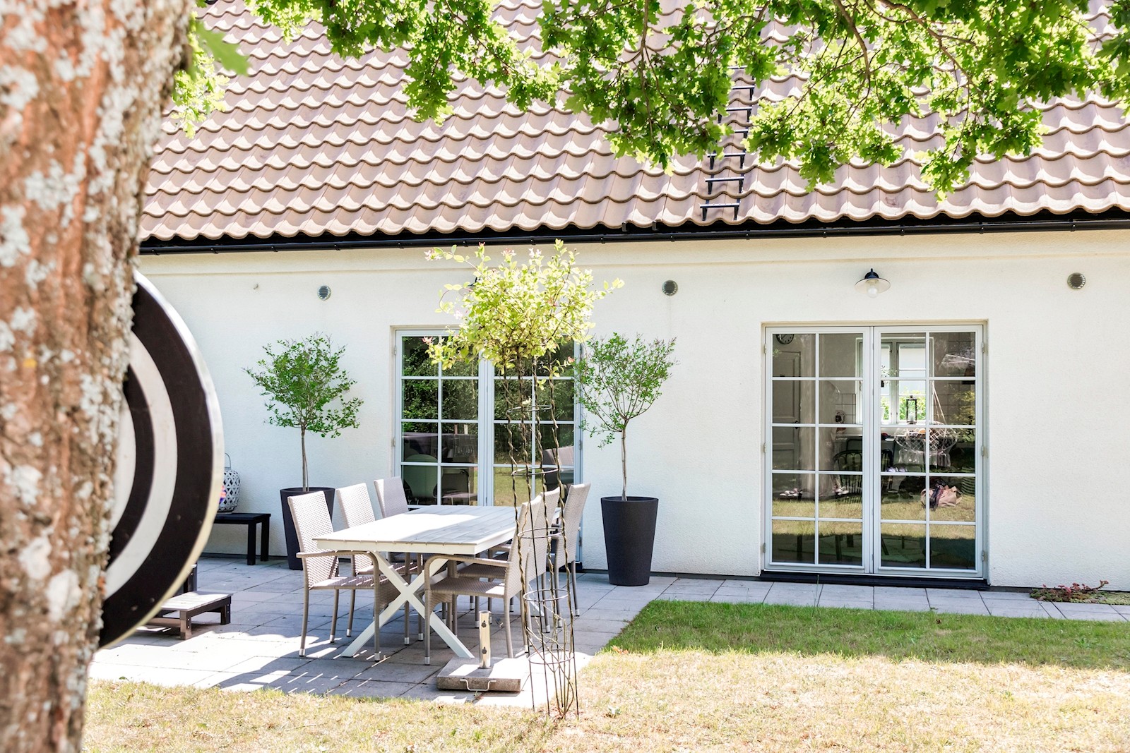 Vid den stenlagda uteplatsen fångas kvällssolen