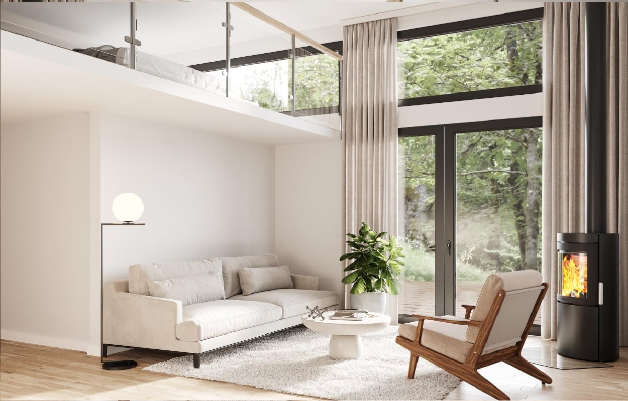 Rum med braskamin (digitalt framställd bild)