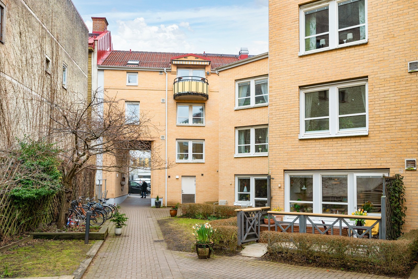 Under vår till sen höst är föreningens innegård lummig och grön