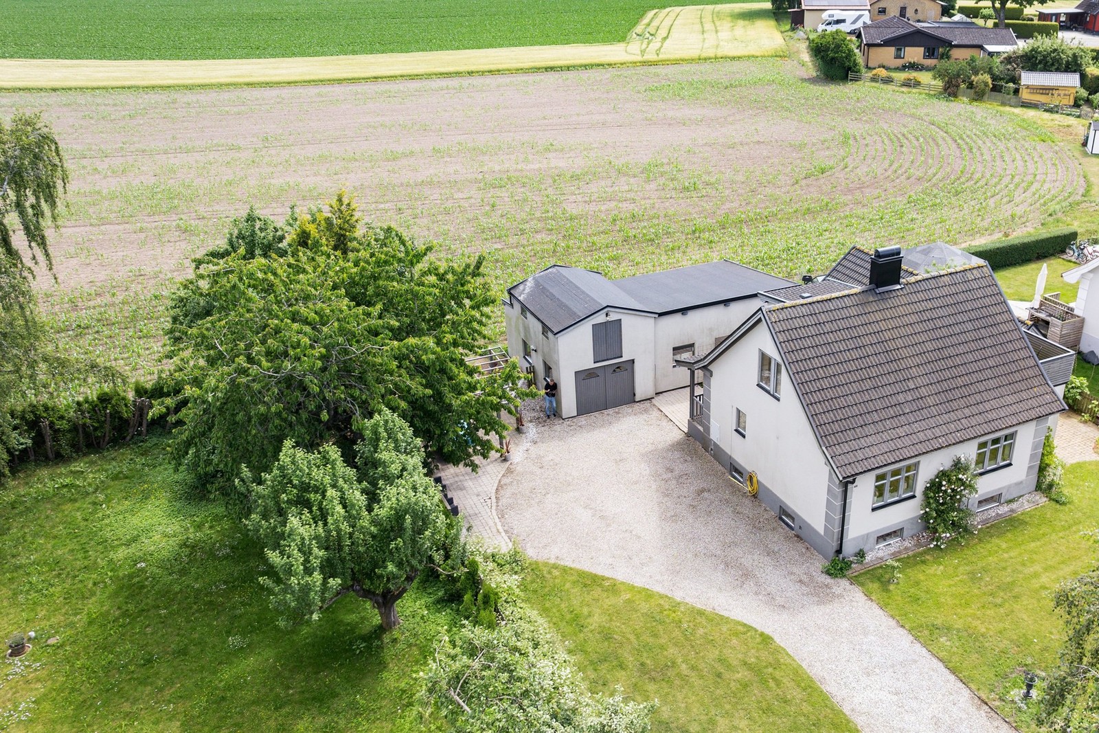 Mysigt i den lilla radbyn med åkerlandskap utanför tomten