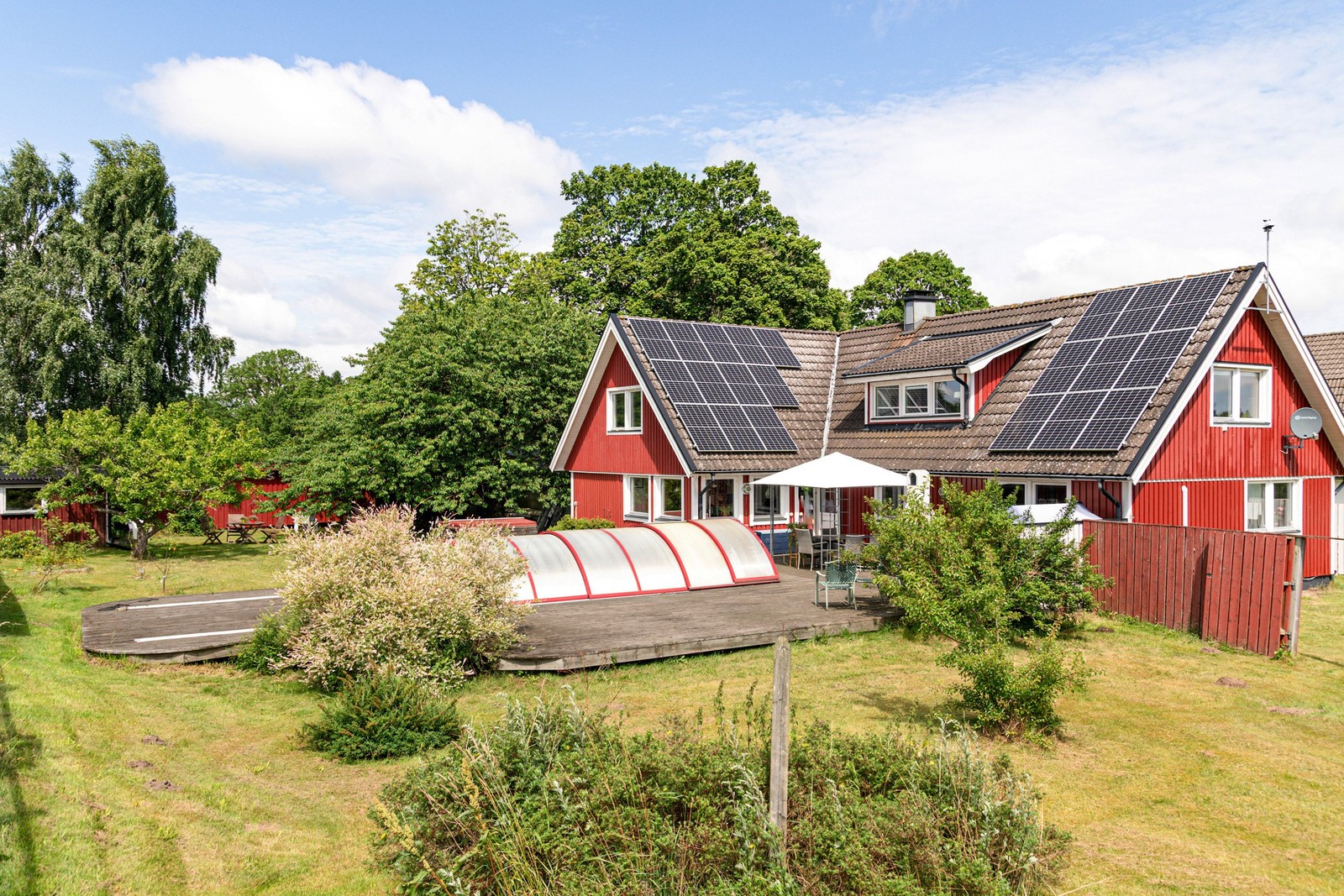 Trädgård baksida med poolområde