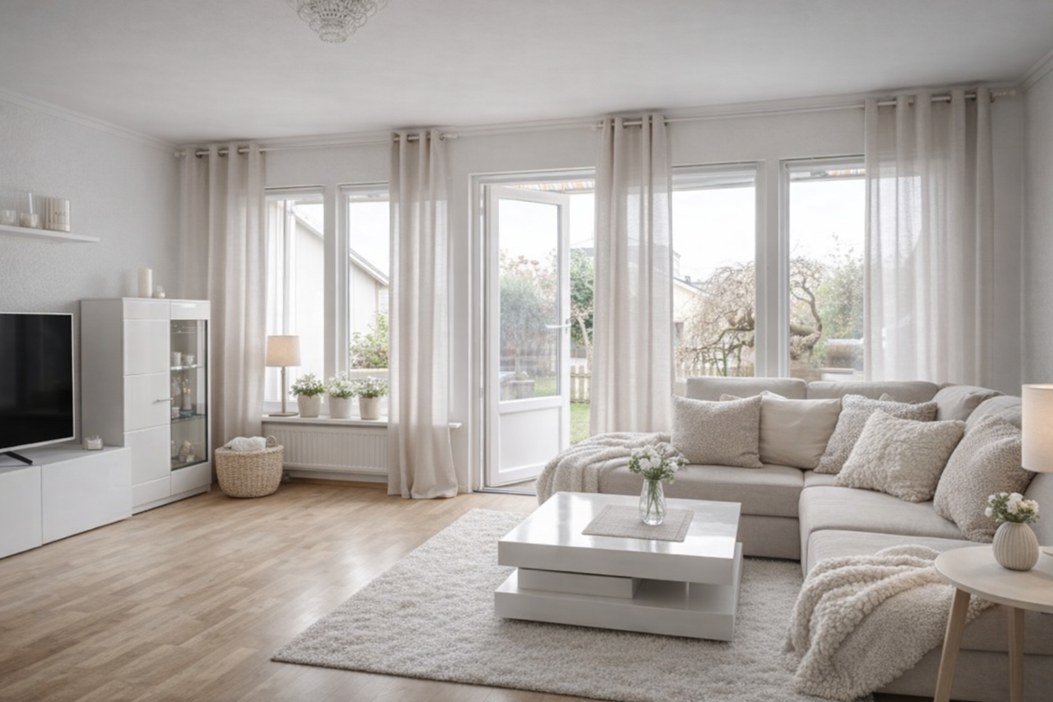 Luftigt sällskapsrum med grönskande uteplats utanför (inredningsförslag genererat av AI)