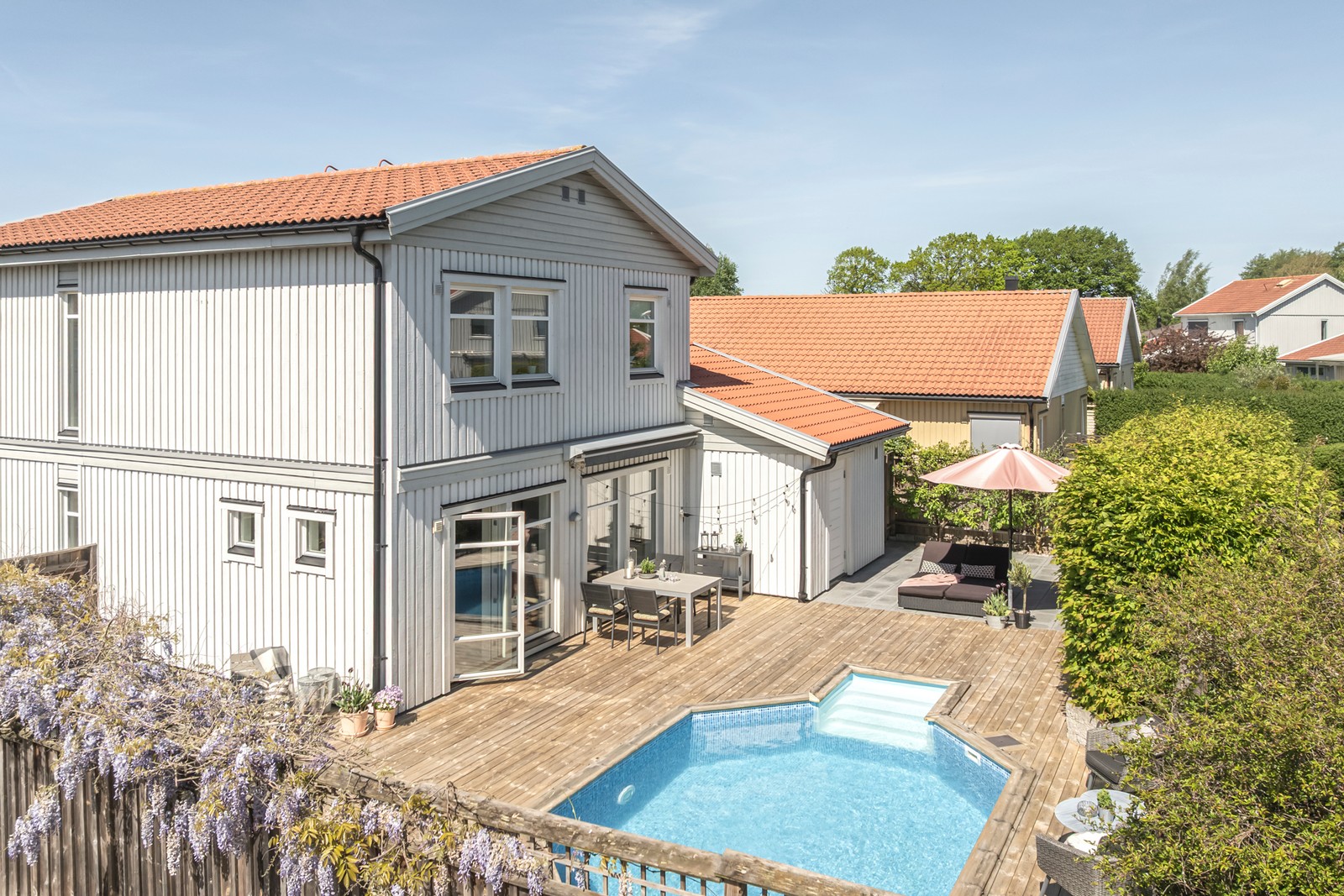 Familjeidyll med pool och garage i populära Ludvigaskog!