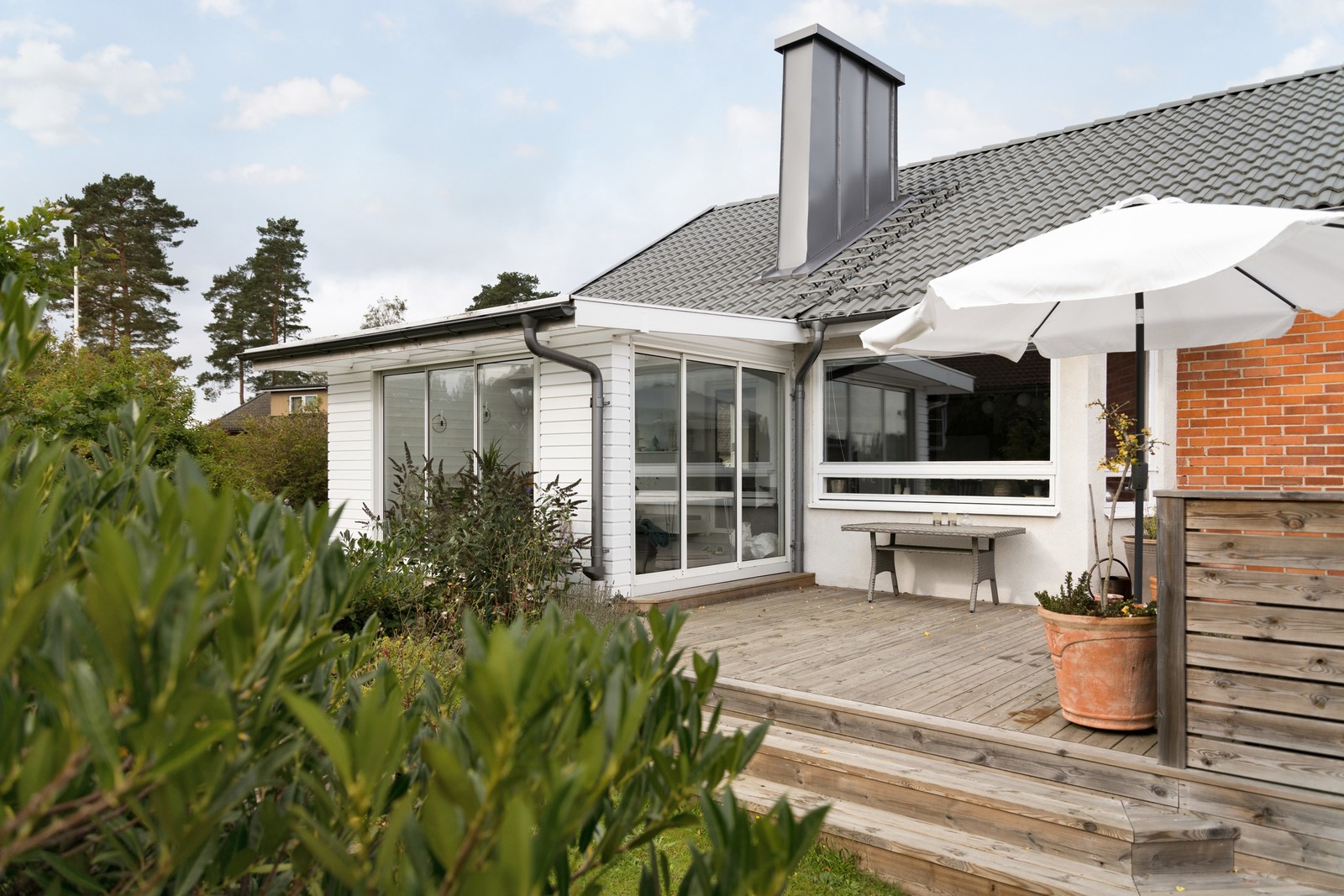 Trivsam baksida med stort trädäck och uterum