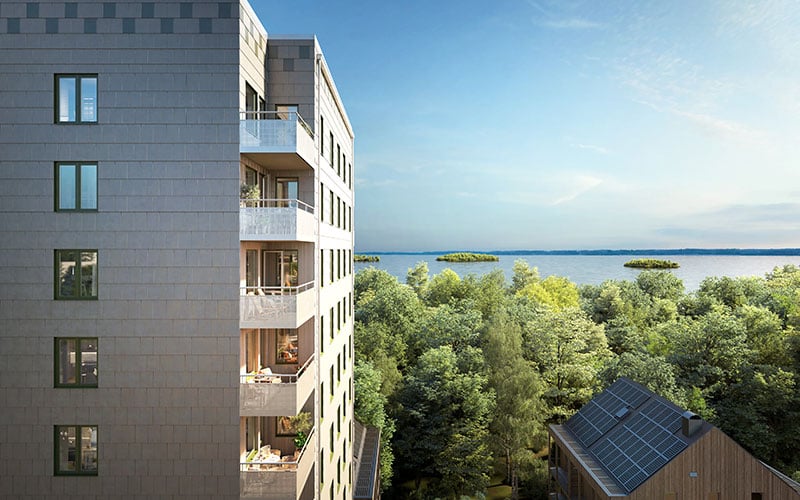 Fasad och utsikt fr&aring;n M&auml;larvyn med nyproducerade bostadsr&auml;tter