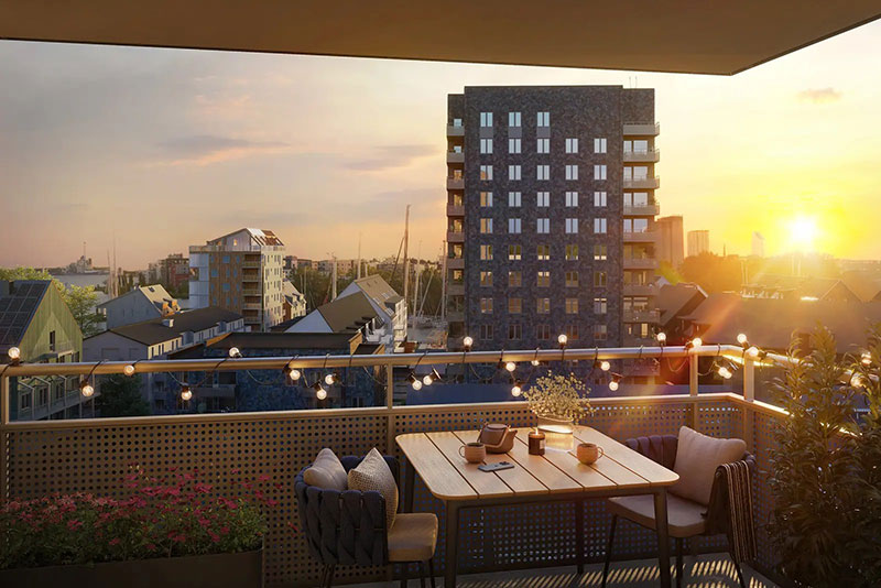 Balkong med utsikt i projektet M&auml;larvyn, visionsbild